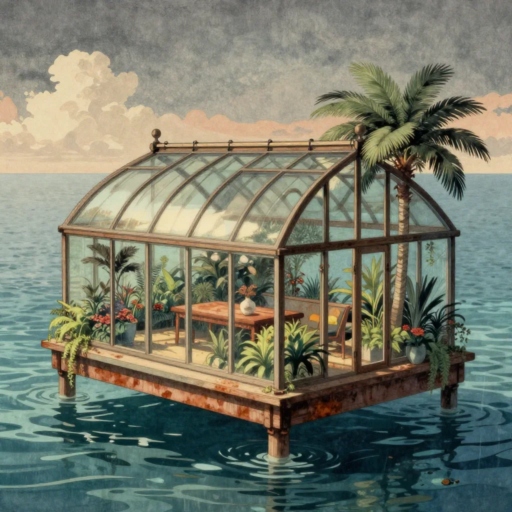 a floating botanical conservatory in a gentle sea breeze, Japanese woodblock-inspired editorial art, soft volumetric lig