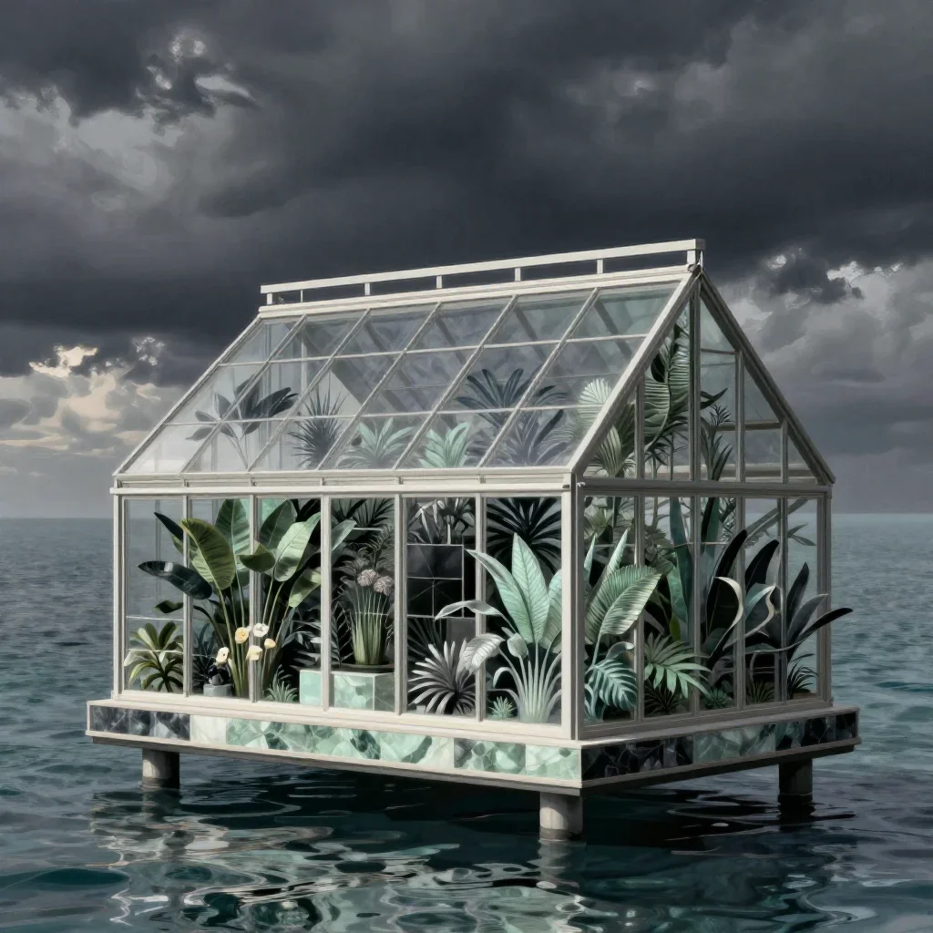 a floating botanical conservatory in a gentle sea breeze, contemporary botanical illustration, careful geometric composi