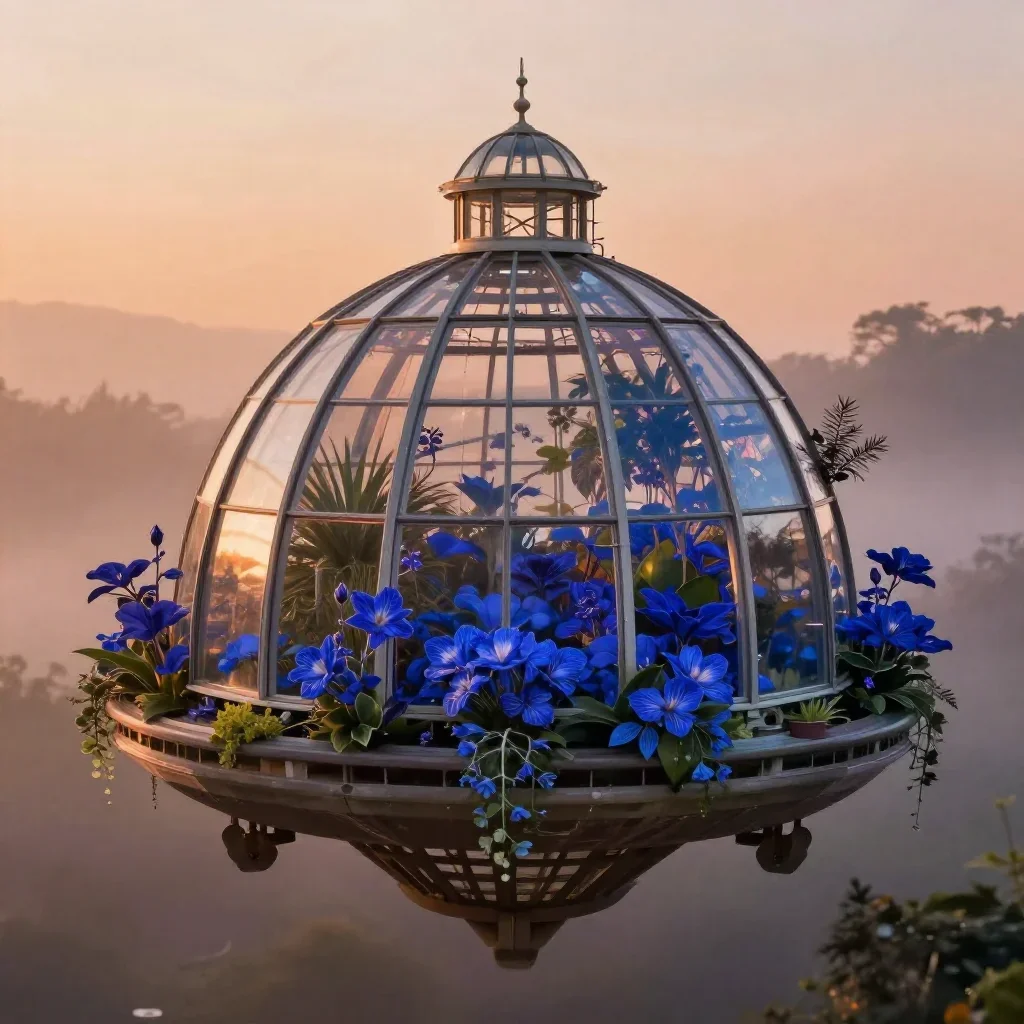 a floating botanical conservatory in quiet late-afternoon haze, high-end design magazine photography, soft volumetric li