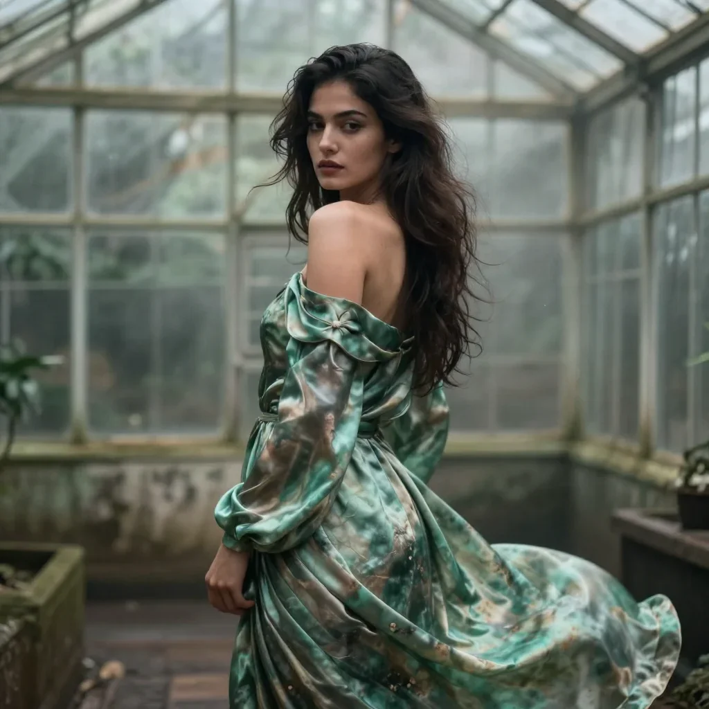 a young woman in a flowing silk gown in an alluring over-the-shoulder glance, in a greenhouse humid with mist, cinematic