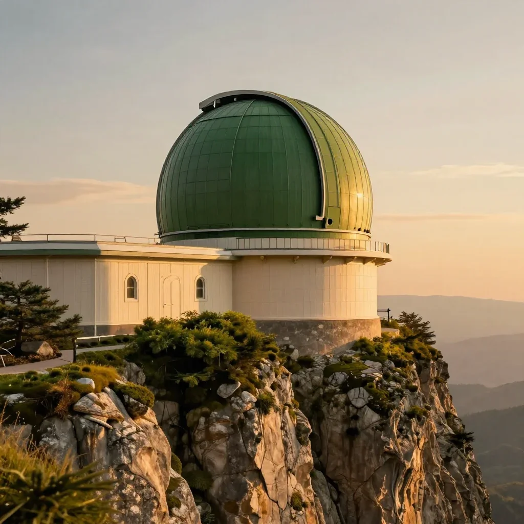 a cliffside observatory during golden hour, cinematic architectural photography, crisp material detail, moss green and c