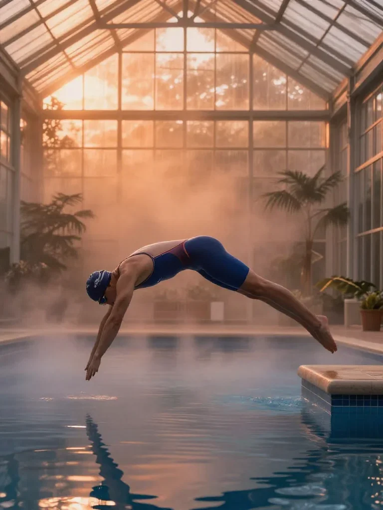 a swimmer before the plunge in a racing suit in a graceful contrapposto pose, in a greenhouse humid with mist, mythology