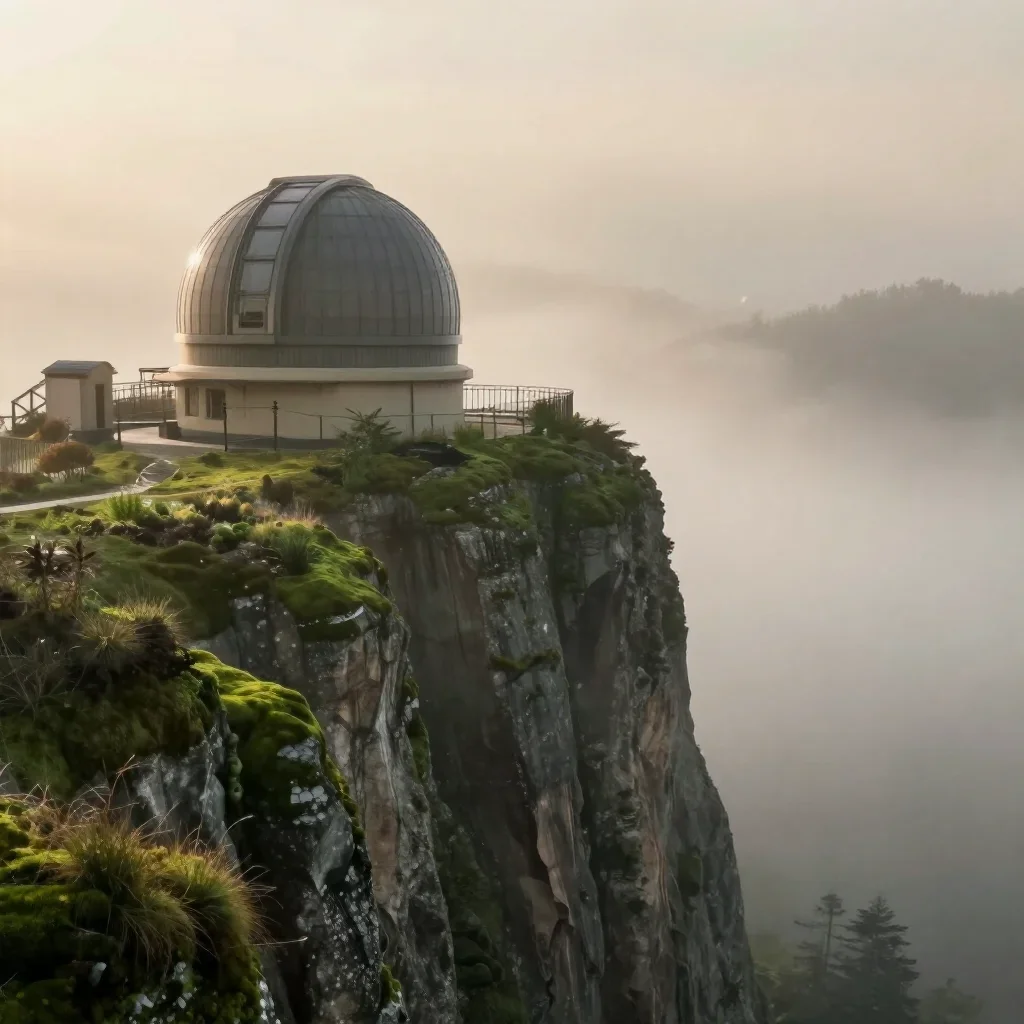 a cliffside observatory in early spring mist, refined editorial travel photography, gentle reflected light, moss green a