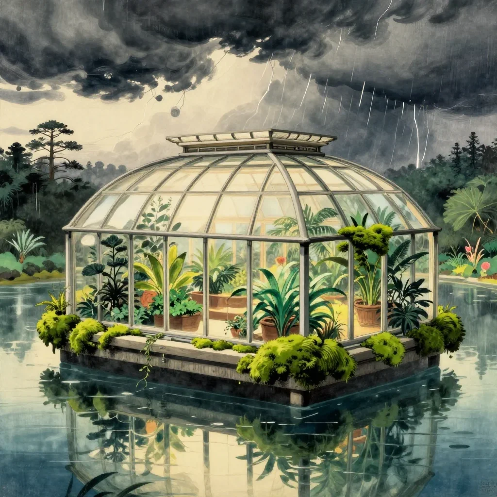 a floating botanical conservatory after a distant thunderstorm, Japanese woodblock-inspired editorial art, gentle reflec