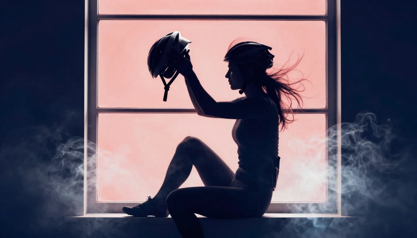 a rider removing a helmet, flushed and windblown in a seated silhouette against a window, in a smoke-lit photo studio, m