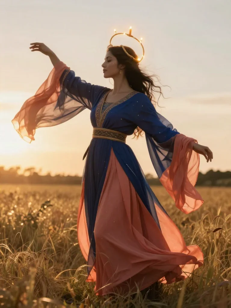 a celestial priestess with haloed candlelight mid-turn with fabric catching the light, in a backlit golden-hour field, editorial glamour photography, soft volumetric light, coral and midnight blue palette, no text, no...