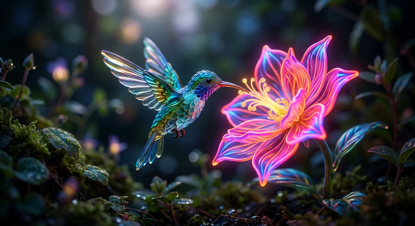 a tiny glass hummingbird sipping from a neon flower, macro photography