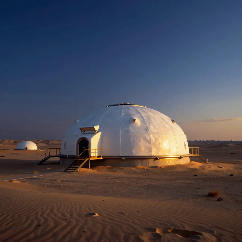 a desert research station during golden hour, quiet science-fiction concept art, restrained color harmony, indigo and pe