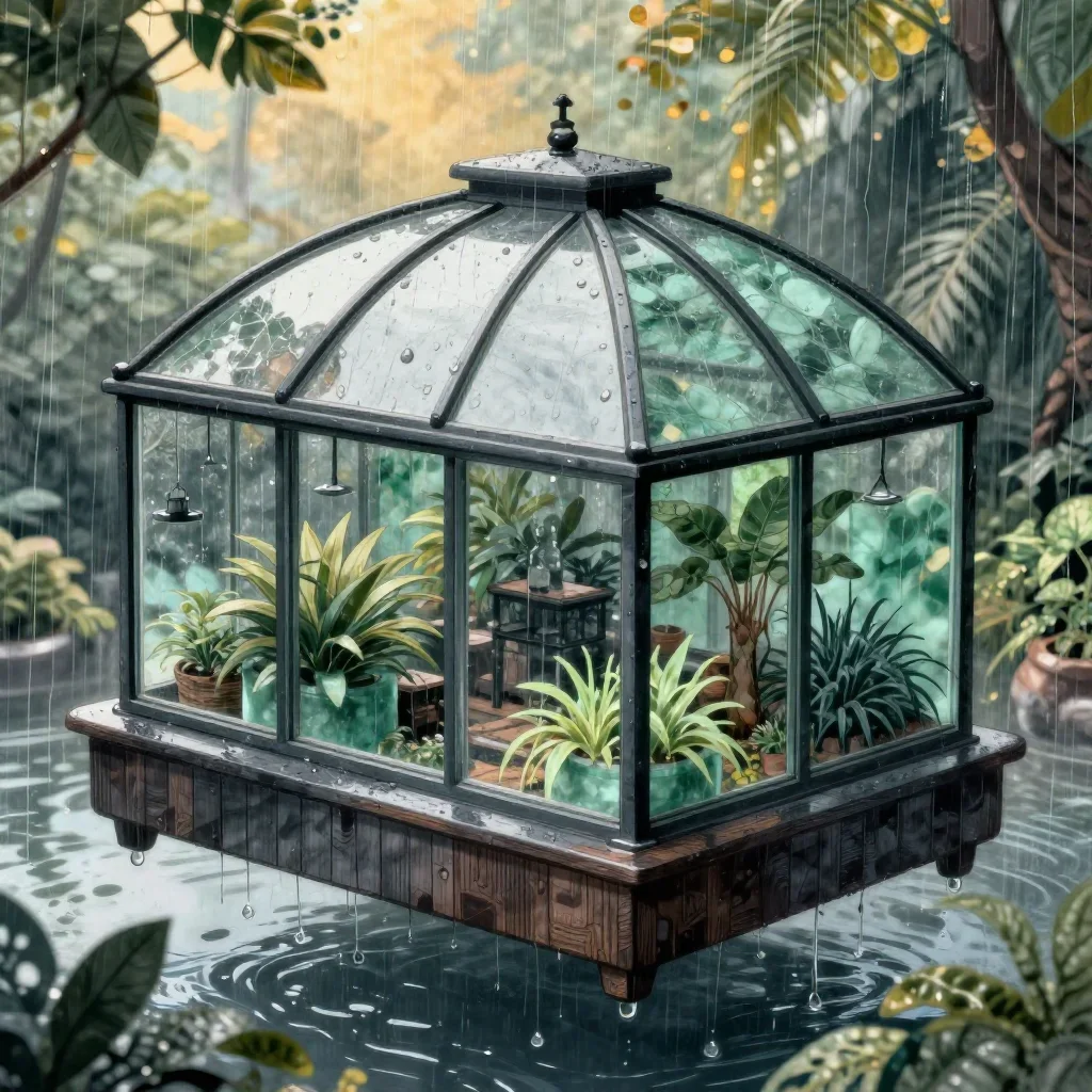 a floating botanical conservatory after warm summer rain, Japanese woodblock-inspired editorial art, soft volumetric lig