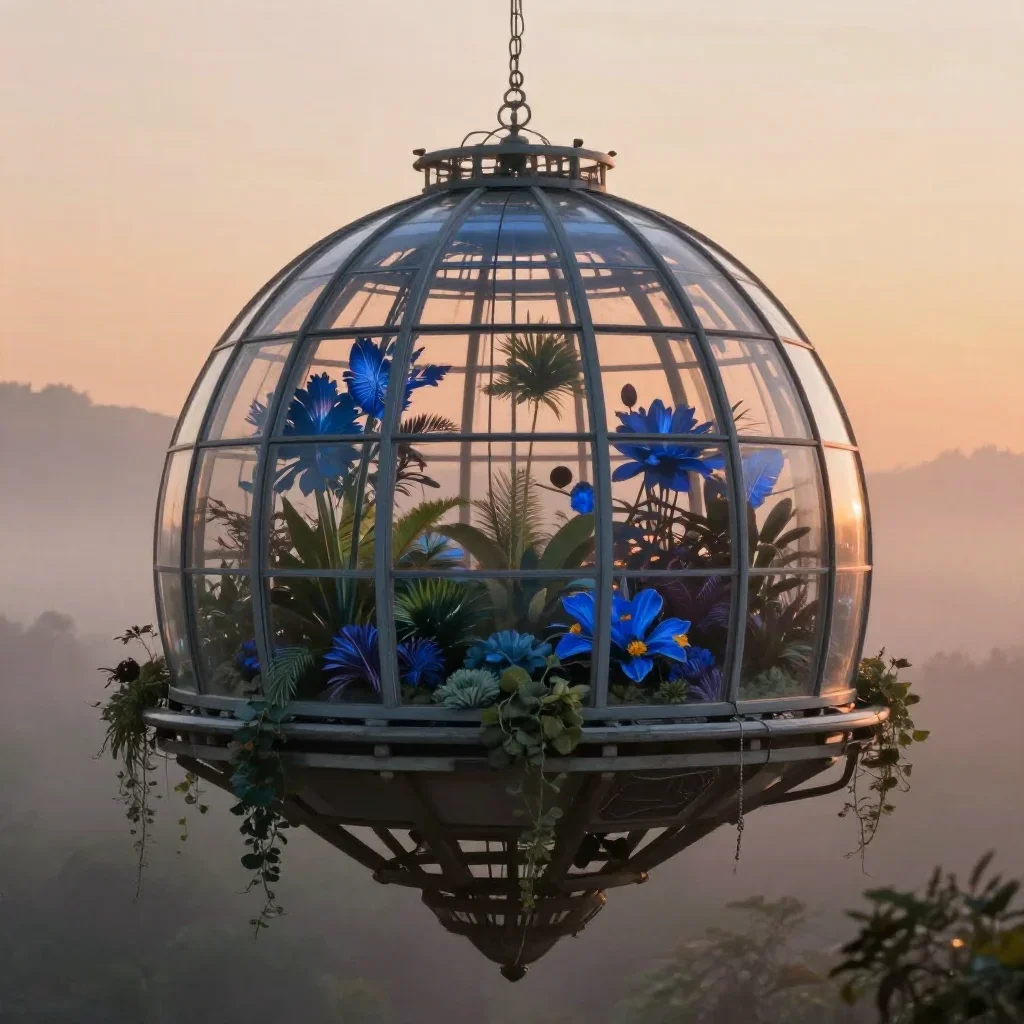 a floating botanical conservatory in quiet late-afternoon haze, quiet science-fiction concept art, soft volumetric light