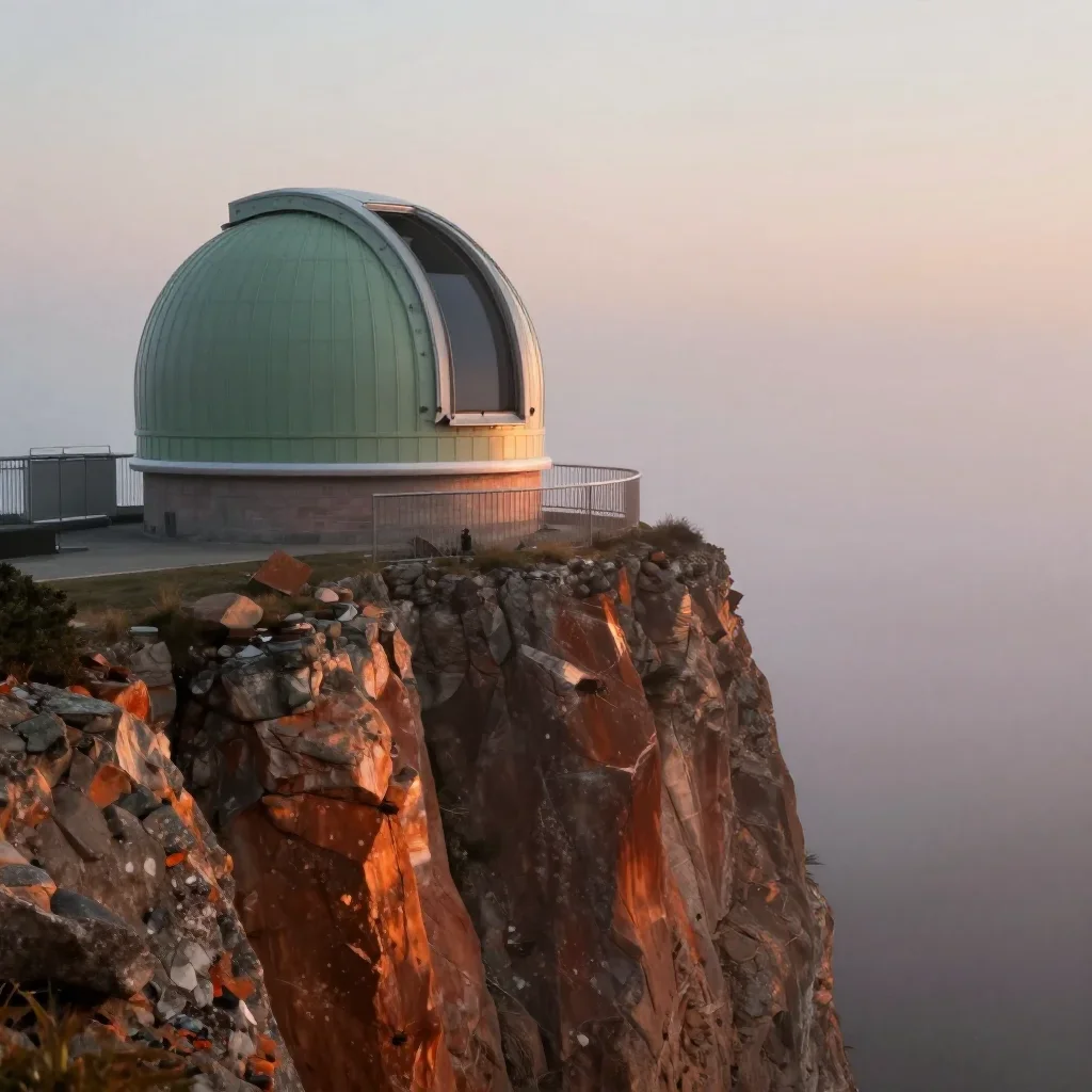 a cliffside observatory under soft dawn fog, dreamlike fine-art landscape photography, gentle reflected light, rust and 