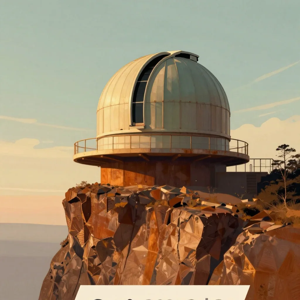 a cliffside observatory during golden hour, modernist poster illustration, careful geometric composition, rust and sage 
