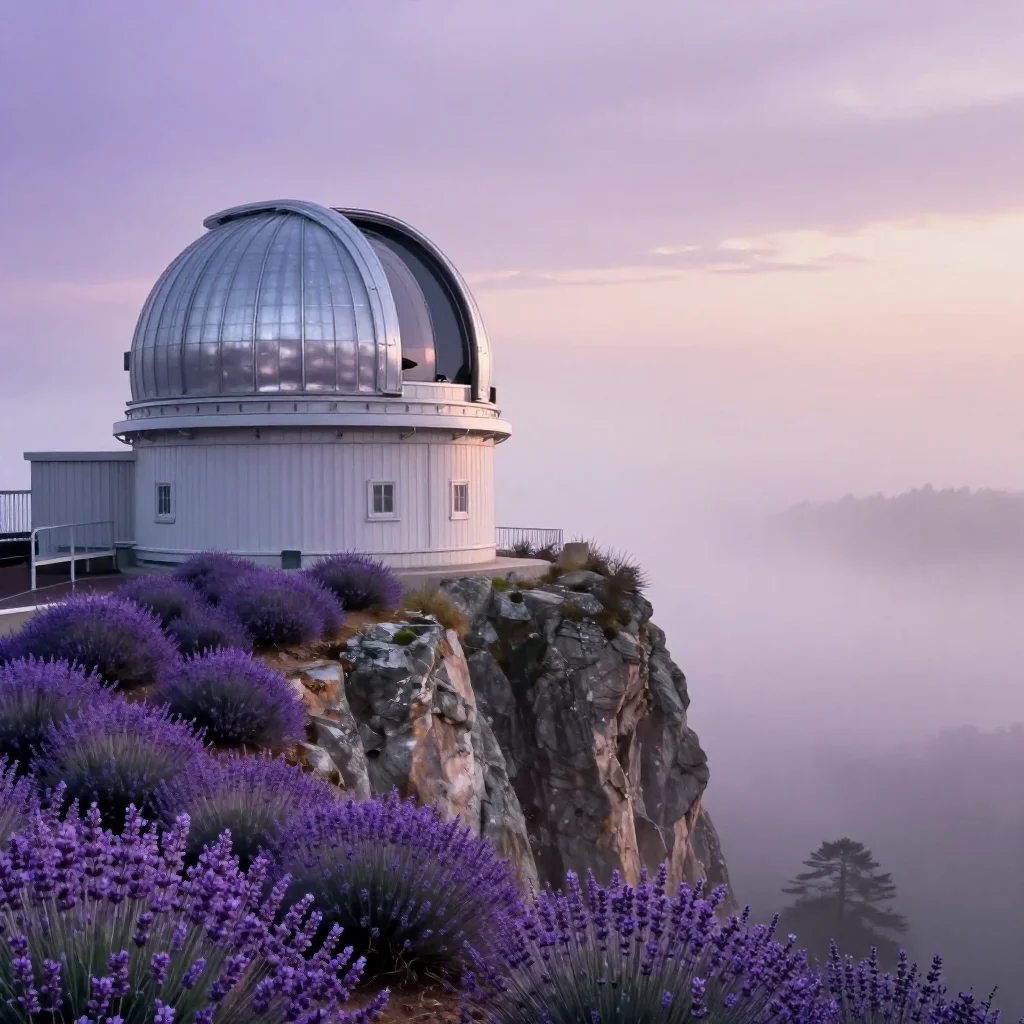 a cliffside observatory under soft dawn fog, refined editorial travel photography, atmospheric depth, lavender and silve