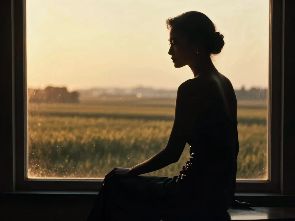 a couture catwalk muse with razor cheekbones in a seated silhouette against a window, in a backlit golden-hour field, Wo