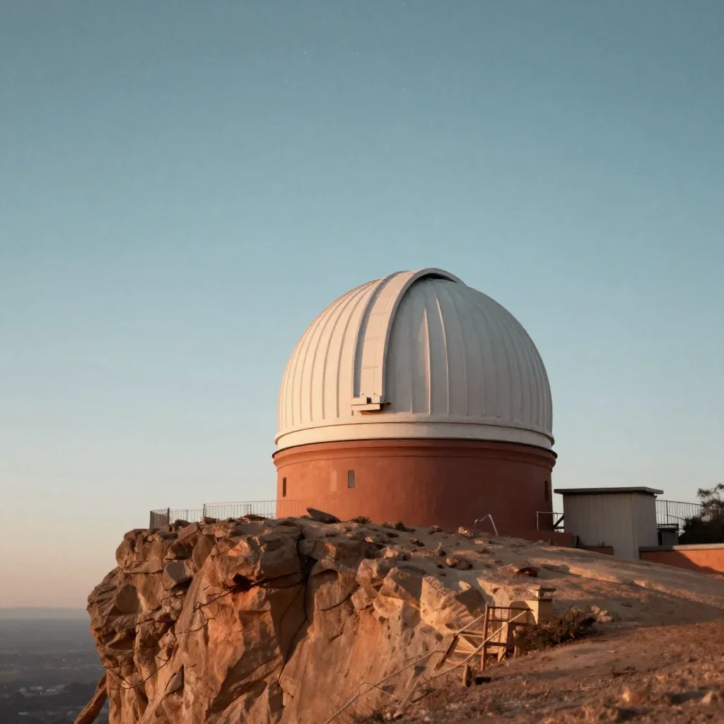 a cliffside observatory beneath a star-filled sky, museum-quality still-life photography, soft volumetric light, terraco
