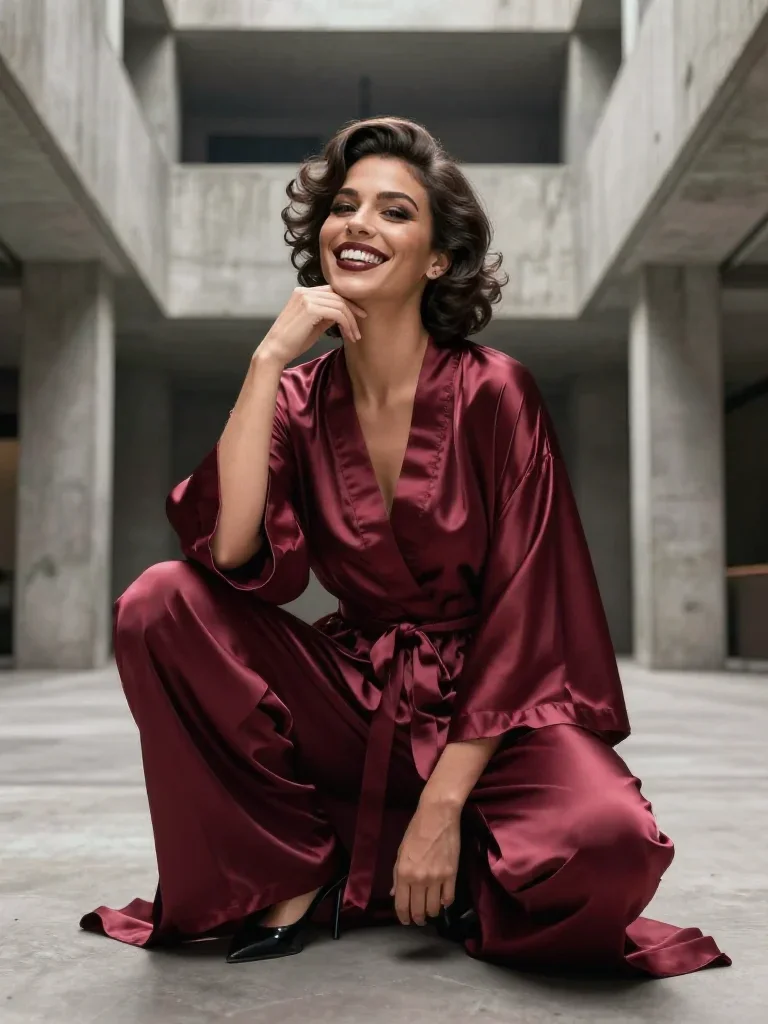 a smiley lounge singer in a satin robe in a low lunge with a lifted chin, in a brutalist concrete atrium, futuristic spe
