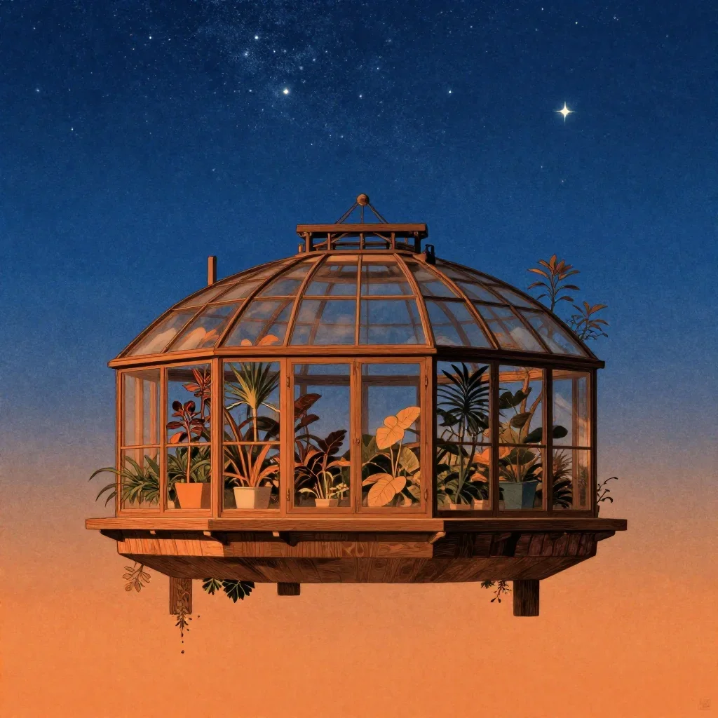 a floating botanical conservatory beneath a star-filled sky, Japanese woodblock-inspired editorial art, restrained color
