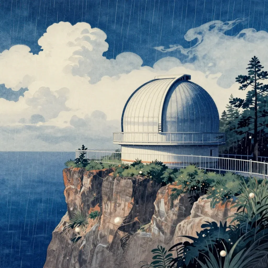 a cliffside observatory after warm summer rain, Japanese woodblock-inspired editorial art, clean natural textures, indig