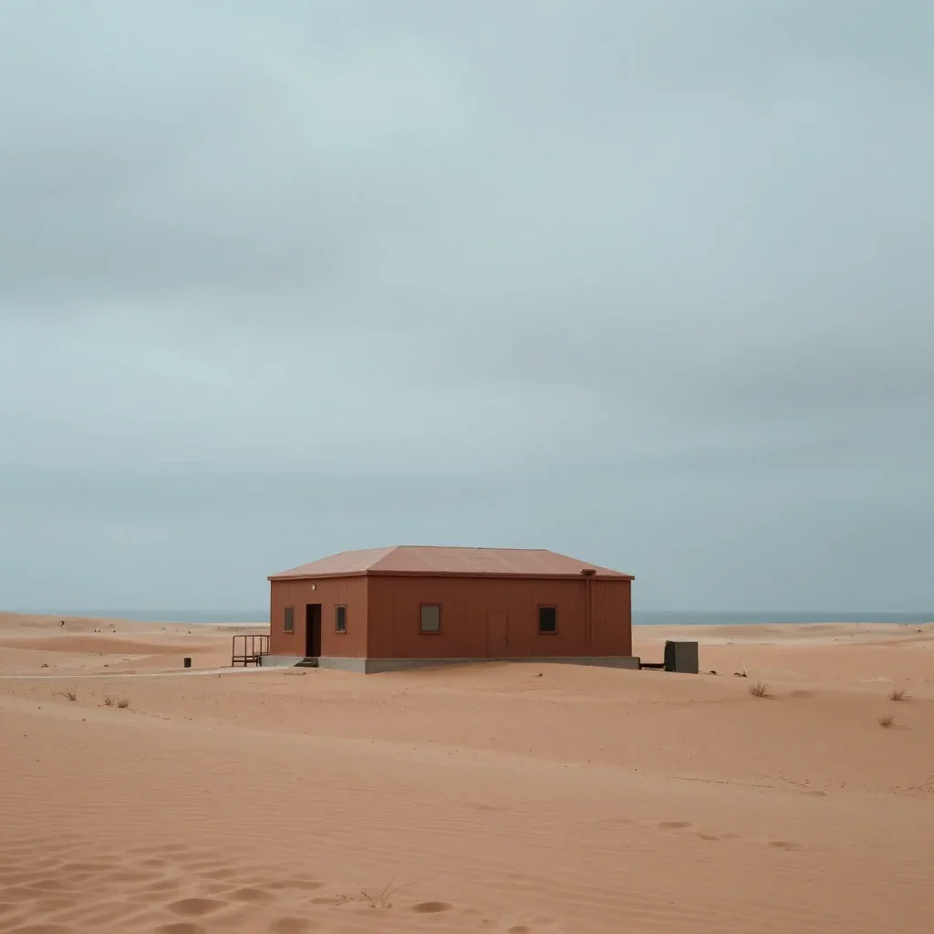 a desert research station under overcast coastal light, quiet science-fiction concept art, restrained color harmony, ter