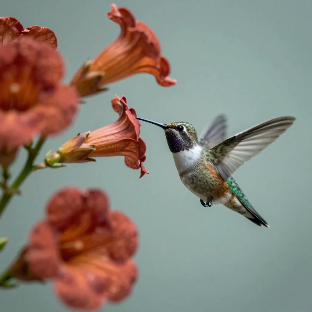 a hummingbird beside trumpet flowers in cool museum light, macro natural-history photography, layered foreground framing