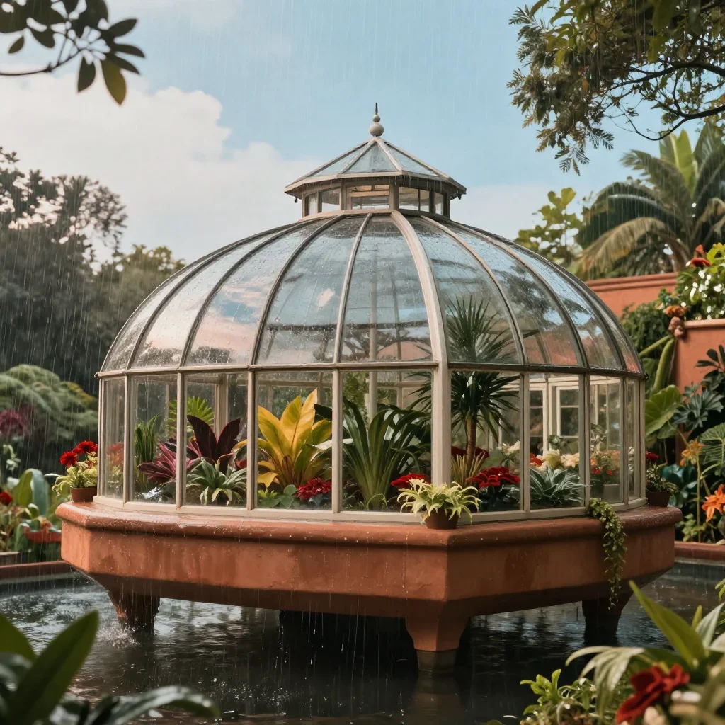 a floating botanical conservatory after warm summer rain, refined editorial travel photography, atmospheric depth, terra