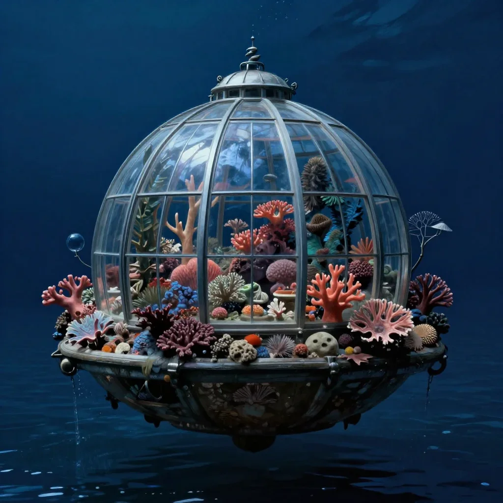 a floating botanical conservatory in a gentle sea breeze, quiet science-fiction concept art, atmospheric depth, coral an