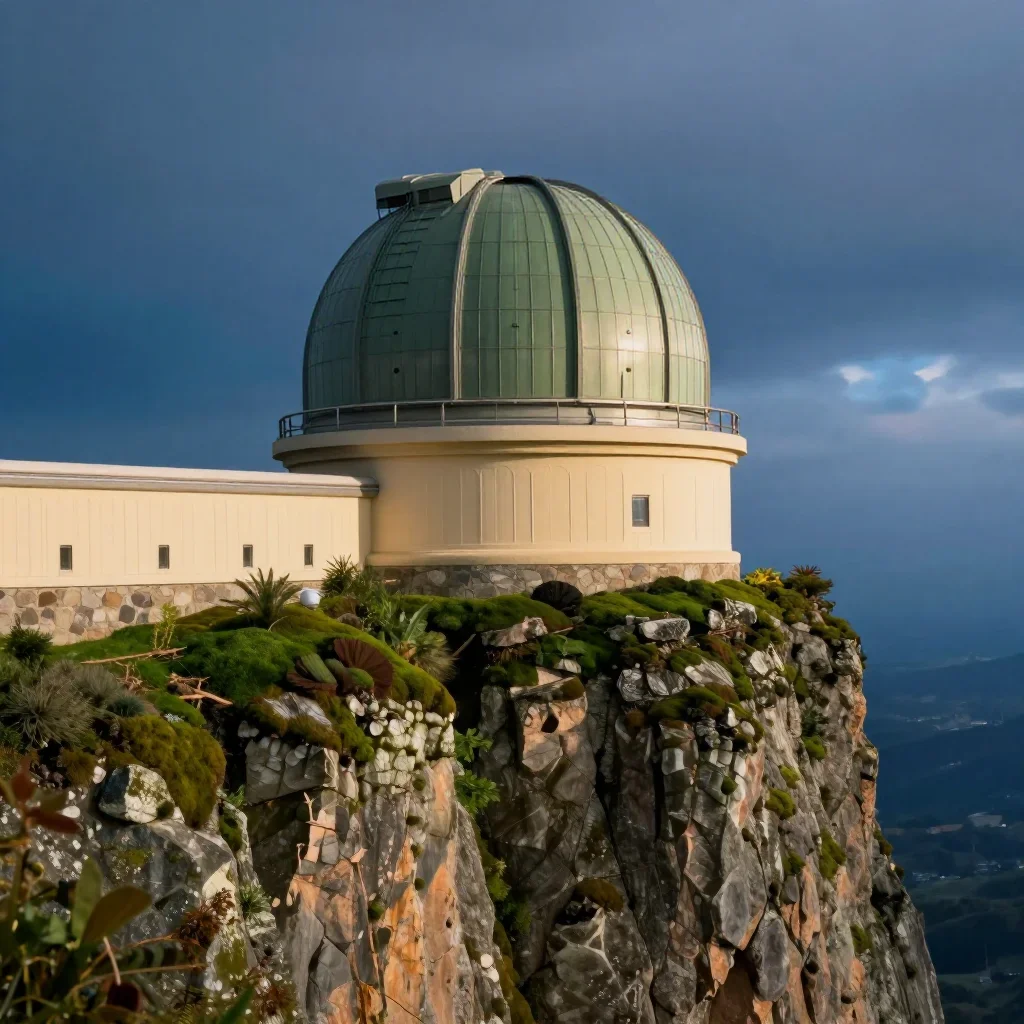a cliffside observatory at blue hour, cinematic architectural photography, soft volumetric light, moss green and cream p