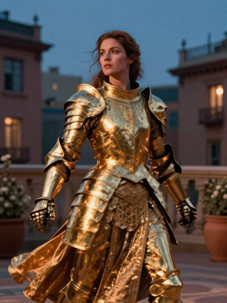 a warrior queen in ornate gilded armor mid-turn with fabric catching the light, in a blue-hour city apartment, cinematic