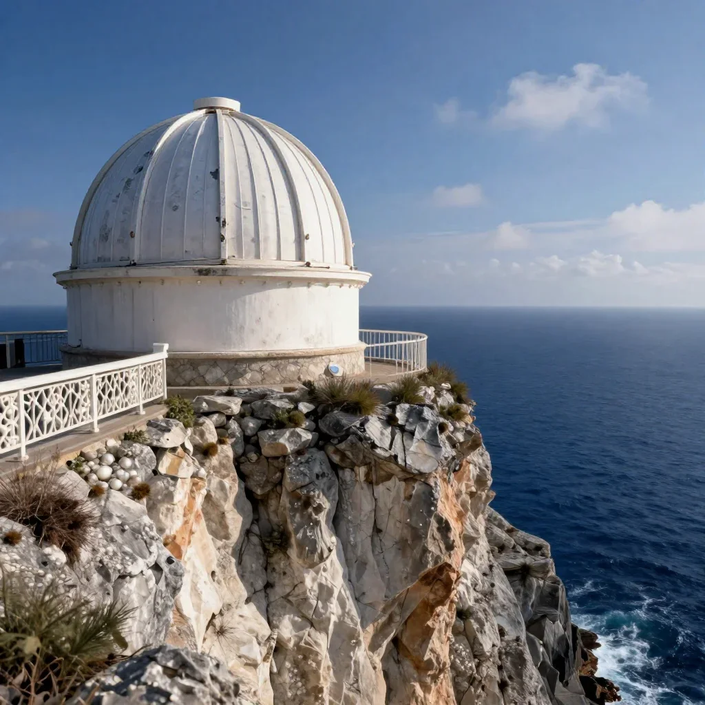 a cliffside observatory in a gentle sea breeze, dreamlike fine-art landscape photography, weathered tactile surfaces, in