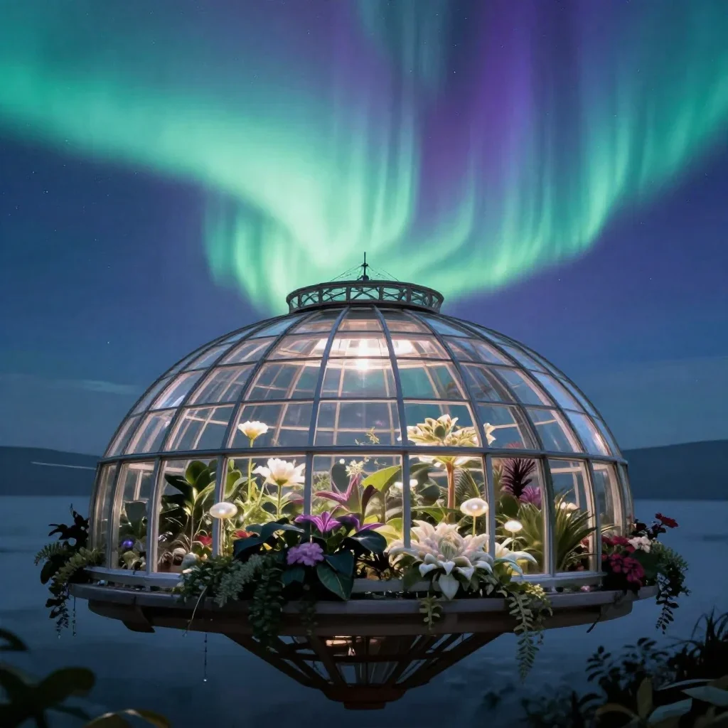a floating botanical conservatory beneath an aurora, refined editorial travel photography, soft volumetric light, indigo