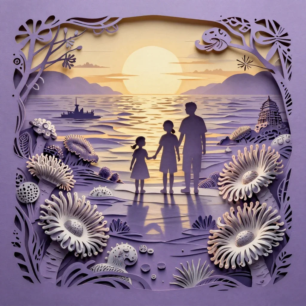 a tide pool filled with anemones during golden hour, intricate paper-cut illustration, restrained color harmony, lavende