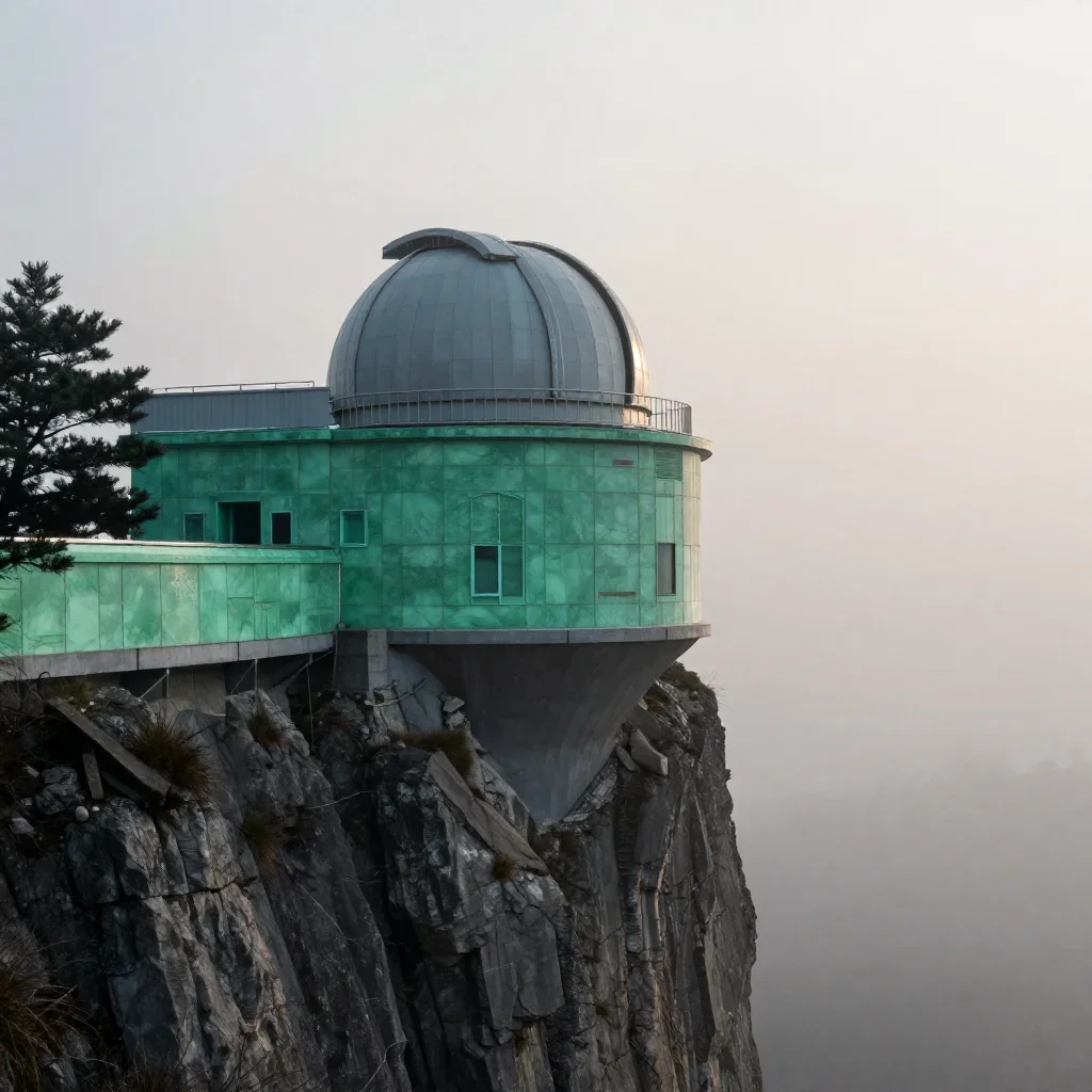 a cliffside observatory under soft dawn fog, cinematic architectural photography, crisp material detail, jade and charco