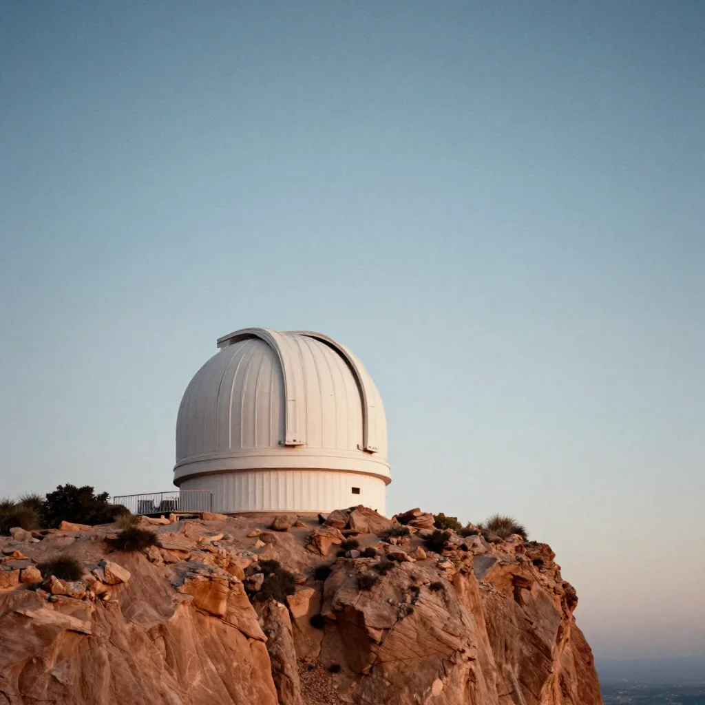 a cliffside observatory beneath a star-filled sky, high-end design magazine photography, subtle film grain, terracotta a