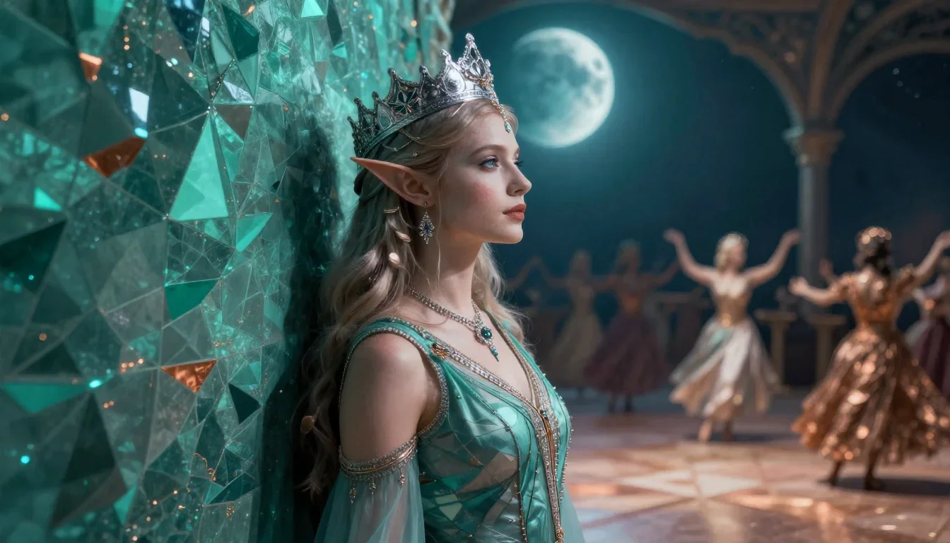 an elven queen in a moonlit silver crown in a wind-swept lean against a wall, on a midnight dance floor, dreamlike fanta