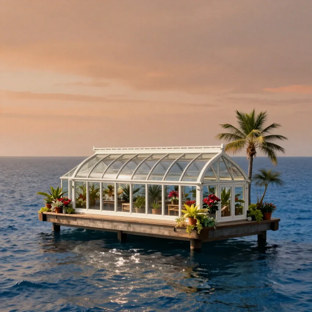a floating botanical conservatory in a gentle sea breeze, refined editorial travel photography, calm negative space, och
