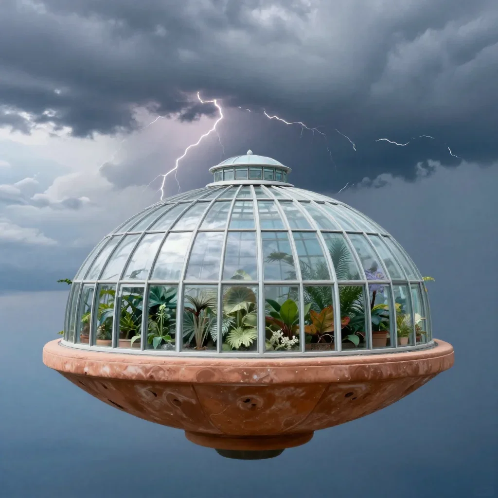 a floating botanical conservatory after a distant thunderstorm, quiet science-fiction concept art, clean natural texture