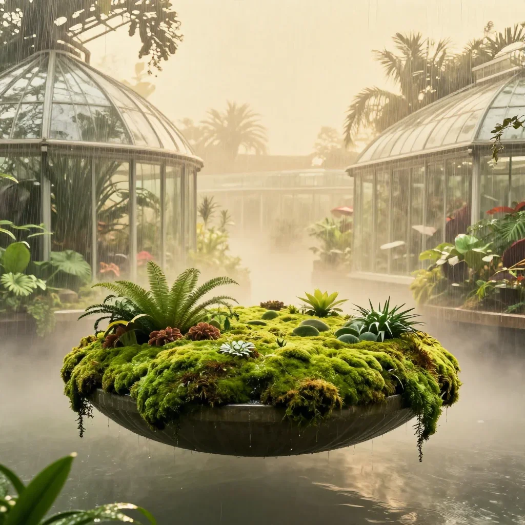 a floating botanical conservatory after warm summer rain, dreamlike fine-art landscape photography, calm negative space,