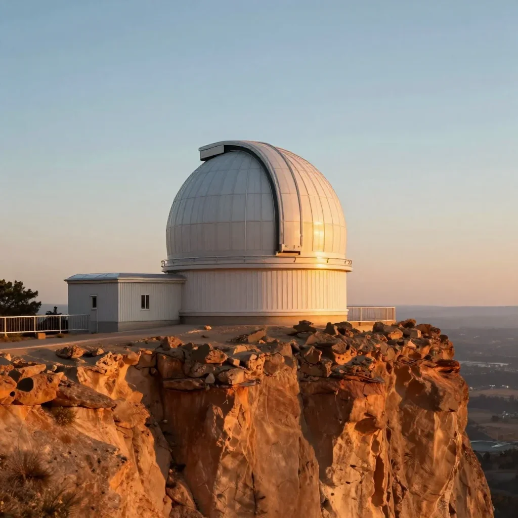 a cliffside observatory during golden hour, quiet science-fiction concept art, clean natural textures, terracotta and pa