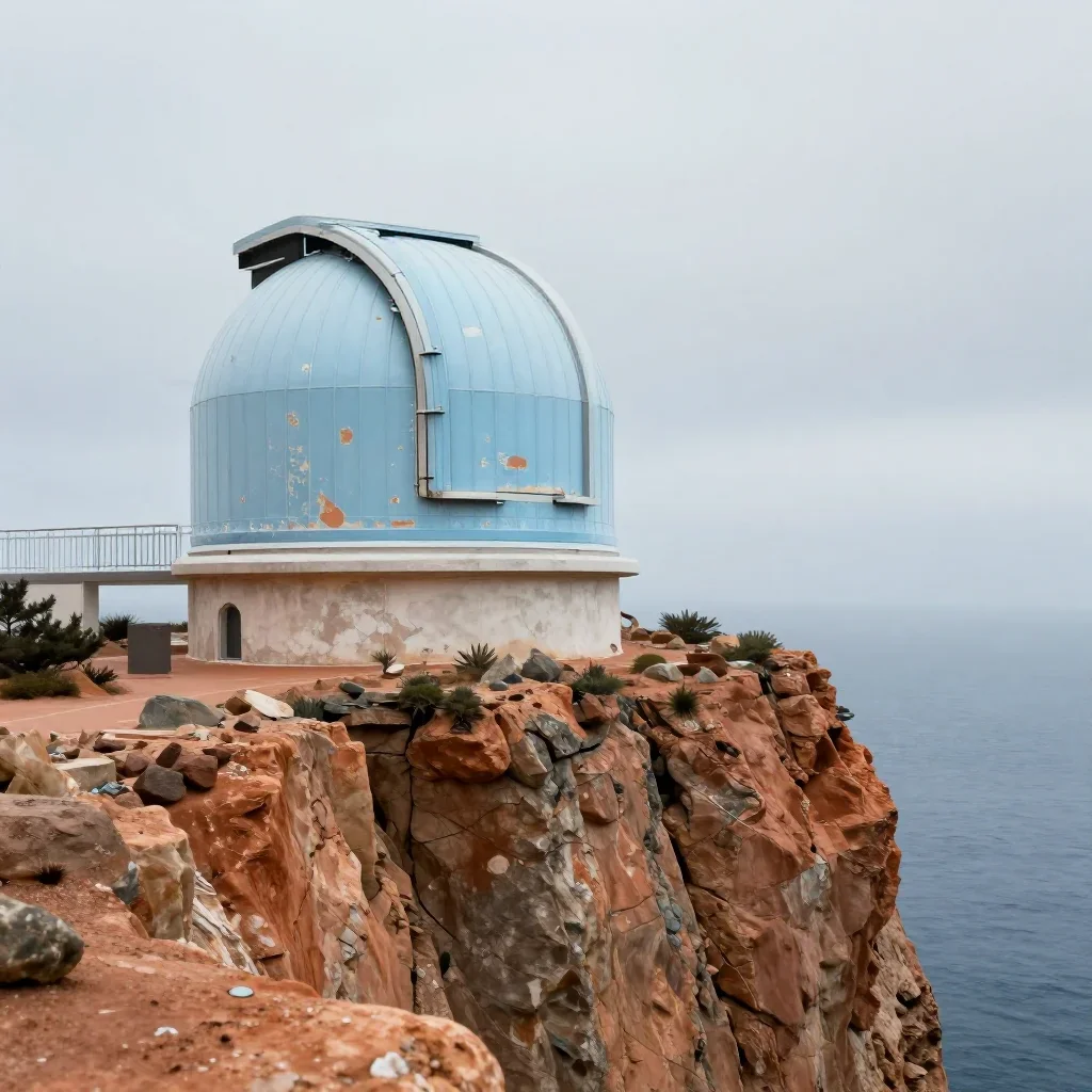 a cliffside observatory under overcast coastal light, quiet science-fiction concept art, weathered tactile surfaces, ter