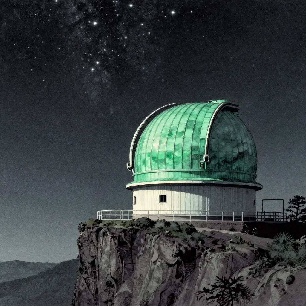 a cliffside observatory beneath a star-filled sky, Japanese woodblock-inspired editorial art, subtle film grain, jade an