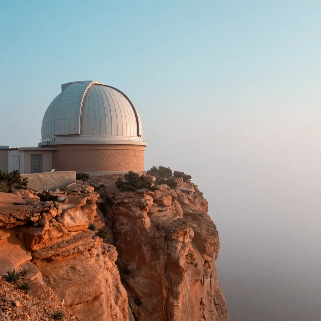 a cliffside observatory under soft dawn fog, dreamlike fine-art landscape photography, crisp material detail, terracotta