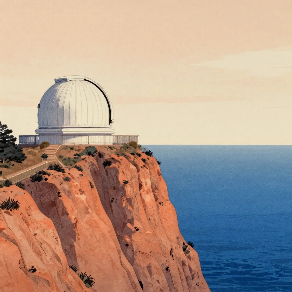 a cliffside observatory under overcast coastal light, Japanese woodblock-inspired editorial art, calm negative space, oc