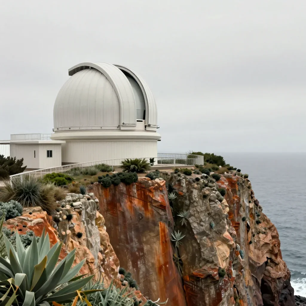 a cliffside observatory under overcast coastal light, contemporary botanical illustration, clean natural textures, rust 