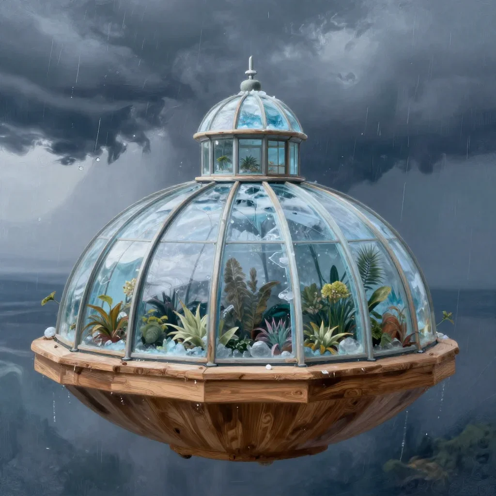 a floating botanical conservatory after a distant thunderstorm, quiet science-fiction concept art, weathered tactile sur