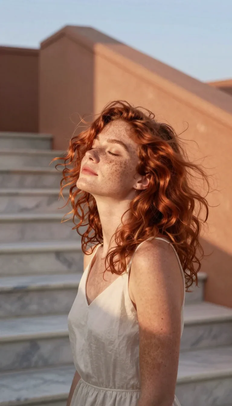 a muse with freckles and wind-tousled copper hair in a deep breath with eyes closed, on a marble staircase at dawn, Nati