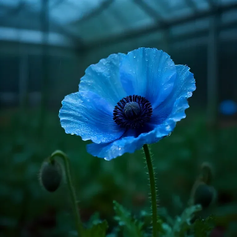 Botanical study of a translucent blue poppy in a rain-dark greenhouse, macro photography, deep emerald shadows, no text