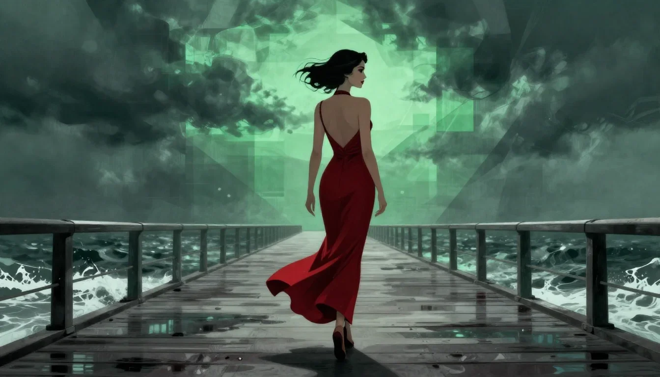 a femme fatale in a crimson backless gown in a confident cinematic stride, on a storm-washed boardwalk, dreamlike fantas