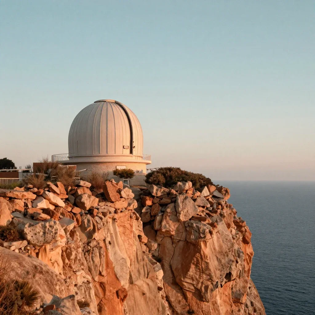 a cliffside observatory in a gentle sea breeze, dreamlike fine-art landscape photography, subtle film grain, terracotta 