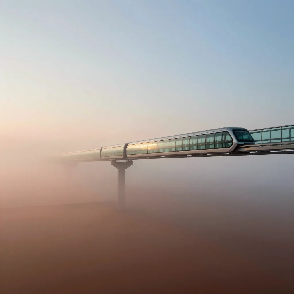 a glass monorail under soft dawn fog, quiet science-fiction concept art, soft volumetric light, terracotta and pale sky