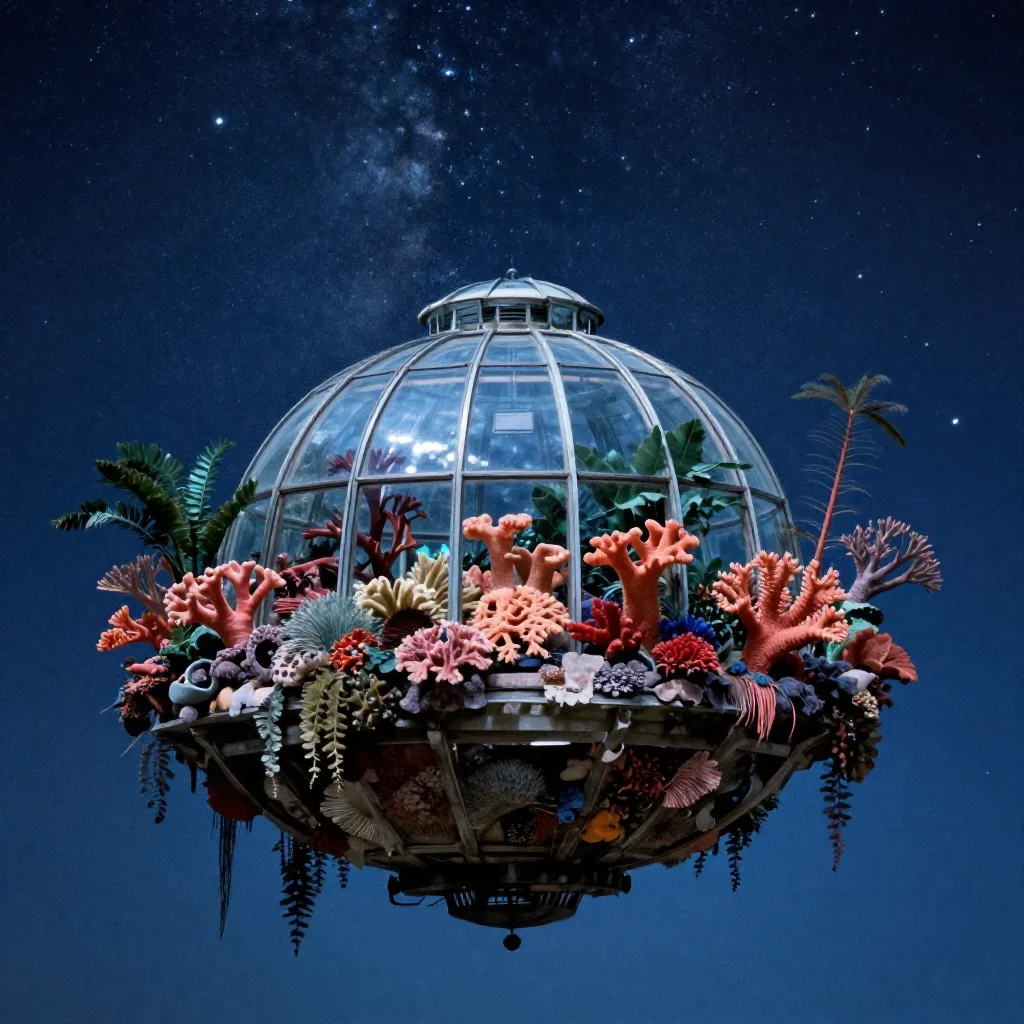 a floating botanical conservatory beneath a star-filled sky, dreamlike fine-art landscape photography, subtle film grain
